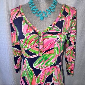 Lilly Pulitzer 3/4 Sleeve Dress 2014 EUC Pink Blue Green 100% Cotton Sz S